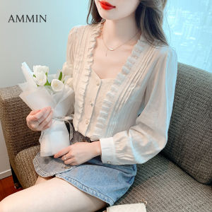 AMMIN 2023 Autumn new French pleated ruffle patchwork single breasted fashion square collar long sleeve commuter chiffon Shirt Womens Korean style Embroidery hook flower Cutout lace patchwork simple solid color elegant blouse