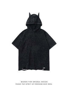 Washed Short Sleeve Hoodie T-Shirt Men Women Loose Hole Couple Half Sleeve American Trendy Brand MOISHE TIDE Youth Summer Casual Cotton round Neck Solid Color