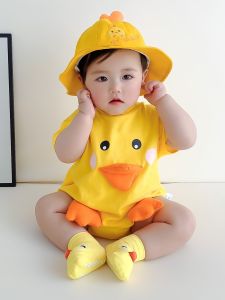 Summer Baby Short Sleeve Pure Cotton Onesie Boys Adorable Super Cute Little Yellow Duck Bottom Covering Triangle Harai Clothes