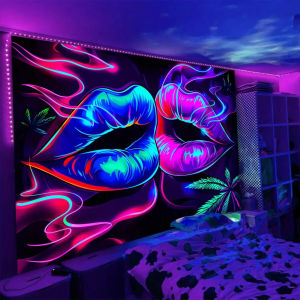 VIKAMA Neon Molten Lip Tapestry Cyberpunk Psychedelic Art Wall Decor ห้องนอน Hipster Space Home Decor Tapestry