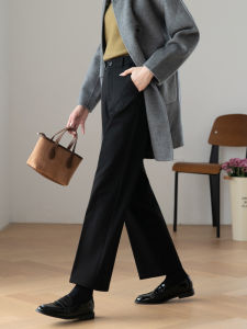 High Waist Straight Leg Pants Womens Fleece Lined Wide Leg Pants Commute Slimming Black Casual Suit Pants Autumn Winter