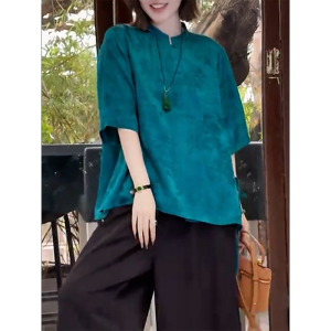 QINGNAER | Graceful Chinese Style Shirt Short Sleeve Peacock Blue