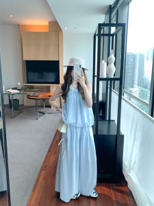 Korean Style Soft Blue Halter Sleeveless Top Set