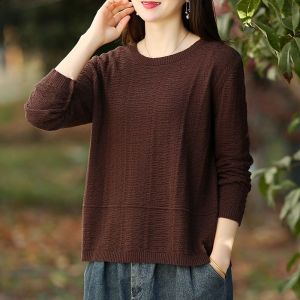 Womens Spring Autumn Cotton Knit Top | Crew Neck Loose Solid Base Layer Sweater