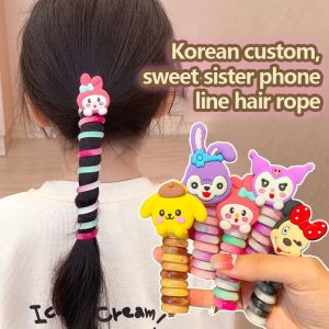 Cartoon Colorful Telephone Wire Hair Rope for Kids Girls Fashion Cute Kuromi Melody Sanrio Spiral Hair Ties Kawaii High Ponytail Elastic Rubber Band