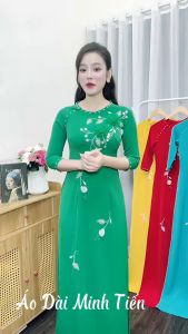 Áo Dài Lụa Mỹ Cao Cấp Họa Tiết Đính Kết Thủ Công Tỉ Mỉ - Mã C39-2 Xanh Lá