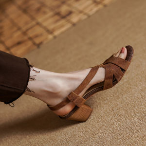 Brown Soft Cowhide High Heels Roman Sandals for Women Retro Style Summer Shoes Comfortable Thick Heel Leather Sandals
