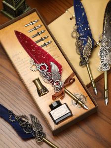 MONLEYTA | European Style Retro Feather Pen Gift Box Harry Potter Mechanical Gear Steam Punk Dip Pen Set Birthday Gift For Female Teachers