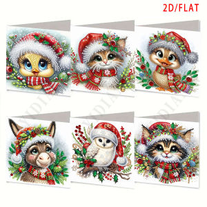 6-piece diamond painting greeting card set DIY cute Christmas owl animal handmade holiday greeting cards with diamond painting.