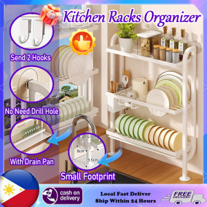 Kitchen Sink Organizer Space Saver 2/3 Layer Kitchen Storage Rack With 2 Hooks Kitchen Sink Narrow Rack With 3-Grid Chopstick Holder Dish Washing Shelf Kitchen Racks Organizer No Drilling Wall Mounted Storage Shelf For Bathroom Kitchen