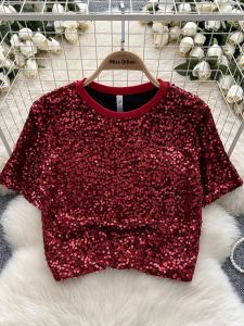 Shiny Short Sleeve T-Shirt Womens Commute Fashion round Neck Overhead Summer Trendy Short Style Glittering Top Korean Loose Fit