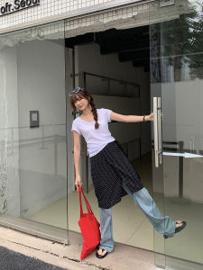 Korean Style Popular Normcore Big U-Neck Short-Sleeved T-shirt Womens Summer Thin 2024 New Style White Silm Short Shoulder Tops