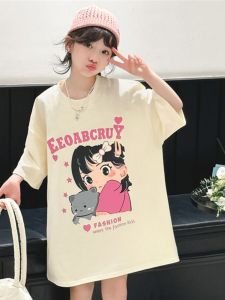 เสื้อยืดแขนสั้นเด็กผ้าฝ้ายแท้สไตล์ลําลองการ์ตูนพิมพ์ดีไซน์คอกลมสําหรับฤดูร้อน