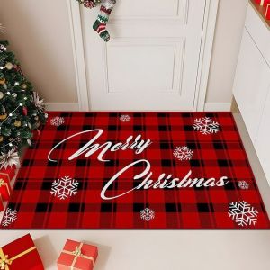 VIKAMA Buffalo Plaid Christmas Doormat Big Merry Christmas Text Trees Gifts Snowflakes Welcome Mat Front Door Entry Rug