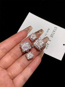 Flashy Square Sugar Earrings Womens S925 Silver Needle Front And Back Style Korean Japanese High-End Lightweight Luxury Diamond Jewelry
