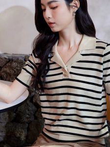 WANGGONGZHU | Summer Thin Ice Silk Polo Neck Short Sleeve Knitted Sweater Womens Fashionable Retro Hong Kong Style Princess Style Commute