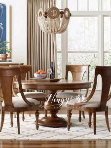 American Country Solid Wood Retro White Distressed Dining Tables and Chairs Set French Small Apartment Log Design round Tea Table Furniture