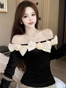 French Style Floral Embellished Short Sleeveless Top Womens Fashionable Long Sleeve Shirt Shoulder Bared Miniature Design Autumn Wear