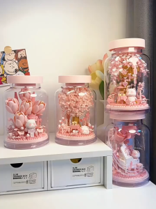 Flowers Set Building Blocks Toys Pink Rose Tulip With Glass Bottle Light DIY Toy Gift for Girlfriend