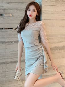 ชุดเดรสสั้นผ้าตาข่ายสไตล์หวานสำหรับผู้หญิง ฤดูใบไม้ผลิและฤดูร้อน ความยาวสั้น กระโปรงทรงเอ คอตั้ง แขนสั้น ทรงเข้ารูป