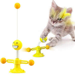 New Cat Toy Self Entertaining Spin Wheel Window Suction Cup Windmill Feather Teaser Rod with Ball Replaceable Head Interactive