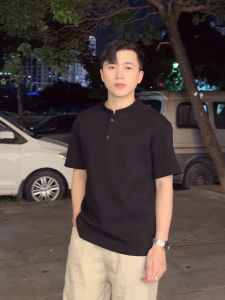 Mature Powerful Menswear Black Polo Shirt Short Sleeve Commuter Henry Collar Correct Shoulder T-Shirt Heavyweight Boxy American Style Half Sleeve