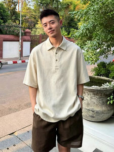 OUMULONG | Retro Fashion Style Linen Polo T-Shirt Short Sleeve Breathable
