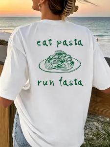 Sanrio | Eat Pasta Run Fasta Funny Graphic Casual T Shirt Oversize T Shirts Men Women T-shirt Leaf Round Neck Short Sleeve Tee Shirt