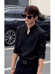 British Style Ice Silk Long Sleeve Black Shirt Mens Stand Collar Trendy Brand Top Quality Fashionable Casual Wear All Seasons