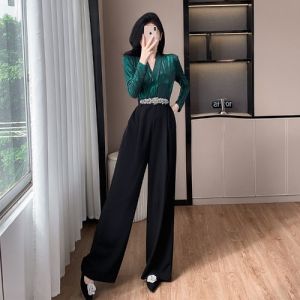 Elegant Long Sleeve V-Neck One-Piece Diamond Embellished Wide Leg Pants High Waist Trousers Luxury Fashion Commute Wear