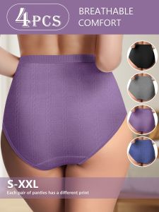 4pcs WomenS High-Waist Breathable Comfort Briefs - Seamless Non-Stretch Mid-Rise Triangular Butt-Hugging Design in Purple