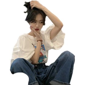 เสื้อยืดแขนสั้นพิมพ์ลายการ์ตูน ทรงหลวม แขนพอง แฟชั่นฤดูร้อน สำหรับผู้หญิง เสื้อผ้าทำงาน ผ้าโพลีเอสเตอร์ แขนสั้น คอตั้ง