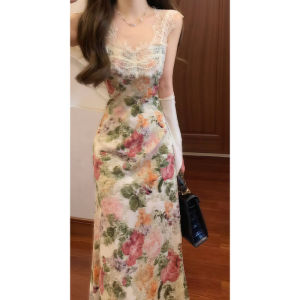 CHANGTONG | Retro Unique Beautiful Knitted Open Cardigan Oil Painting Print Dress Two-Piece Set Gentle Style Summer Season Long Sleeve Dress