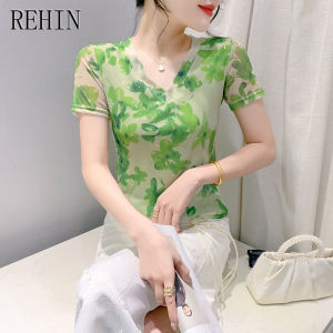 Rehin Áo thun in họa tiết ngắn tay lá xanh lưới thời trang mùa hè Áo cổ tròn ôm vừa nữ thanh lịch