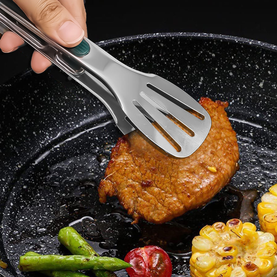 7-16Inches Anti-scald Plastic Handled Stainless Steel Food Tongs BBQ Tongs Multifunctional Kitchen Tools Salad Bread Tongs Baking Steak Tongs Kitchen Utensils