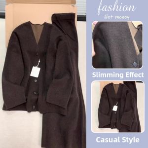 NUANPING | Soft & Gentle V-Neck Knit Sweater Rope Detail Wide Leg Pants Set Winter