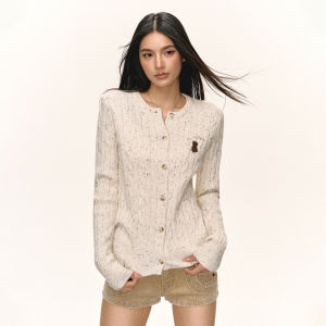 Ariseism | Áo Cardigan Knit cổ tròn họa tiết gấu thiết kế kiểu Mỹ vintage