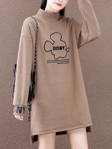 Thickened Long Sleeve T-Shirt Womens Autumn Winter Flocking Loose Mid-Length Base Shirt Warm Top Half High Collar T-Shirt