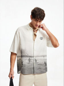 SEASON HIGH | Comfortable Versatile Trendy Embroidered Patterned Loose Pointed Collar Mens Short Sleeve Shirt