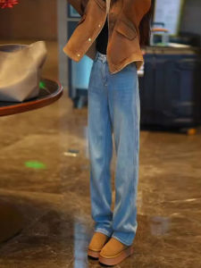 สีน้ําเงิน ผ้าขนแกะ ขาตรงมีเส้น ความยาวพื้น กางเกงยีนส์ ผู้หญิง สูง เอว หลวม พรางหุ่น กางเกงขากว้าง สไตล์เกาหลี ลำลอง กางเกงขายาว