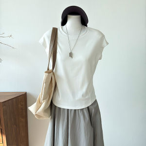 White Fly Sleeve T-Shirt Women Summer New Slim Fit Short Cotton Top Elastic Waistband round Neck Cool Feeling Regular Thickness