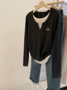 Korean Style Chic Retro Slimming False Two-Piece Long Sleeves T-shirt Womens Spring and Autumn Slim Fit Inner Wear Knitting Bottoming Shirt Tops