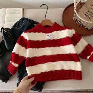 Thickened Knitted Sweater for Boys Soft Warm Striped Base Layer Shirt Autumn Winter Clothes Children Baby Casual Style Polyester Fiber