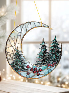 Christmas Acrylic Moon Ornament with Pine Trees & Red Berries Art Hanging Decor Festive Window & Xmas Tree Pendant Decorations