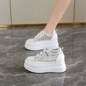 Womens Sport Shoes Breathable Mesh Heightening Sneakers Cross Lacing Color Block Casual round Toe Thick Heel Summer New