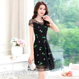 Summer New Womens Dress Slimming Floral Embroidery Mesh Sweet A-Line Skirt High Waist Short Sleeve round Neck Bright Sequins