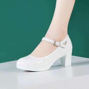 LANYILIAN | Croc-Pattern Patent Leather High Heels White