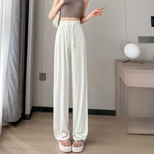 JIANGLU | High Waist Drapey Wide Leg Pants Womens Summer Loose Casual Ice Silk Thin Style Commute Wind Long Pants Polyester Fiber