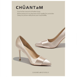 รองเท้าส้นสูงสีเปล่าสำหรับผู้หญิง ทรงหัวแหลม สายรัดนิ้วหัตถกรรมสไตล์ฝรั่งเศส รองเท้าแฟชั่นฤดูใบไม้ผลิและฤดูใบไม้ร่วง