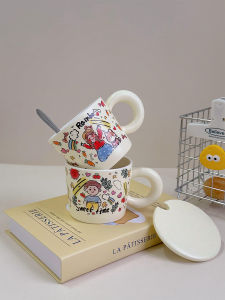 Ceramic Cup Geometric Pattern Couple Mugs Cartoon Anime Letter Animal Single Ear Handle Water Cups for Girls Valentines Day
